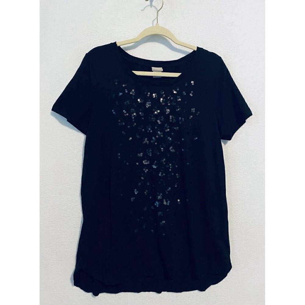 Chicos Zenergy Top Womens Large Black Sequin Animal Print Tunic Cotton Modal